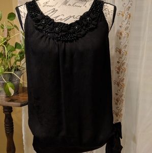 Black Top with Beaded Flowers & Satin Side Tie